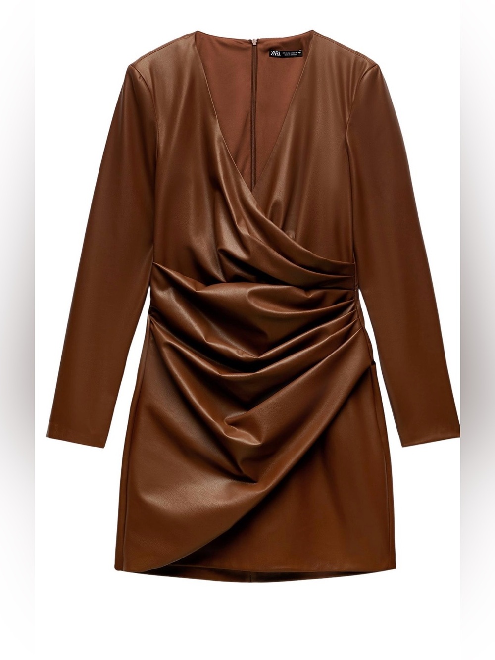 Zara Brown Faux-Leather Draped Long-Sleeve Mini Dress